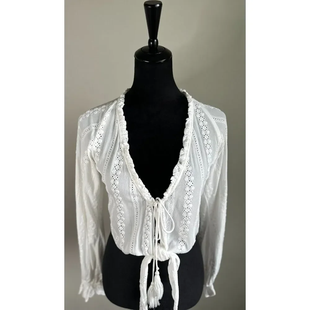 Skylar + Madison Women's Eyelet Lace Tie Long Sleeve Ruffle Cropped Top Size S